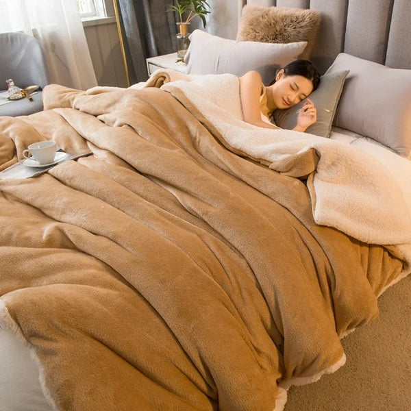Plaid sherpa double face caramel sur un lit