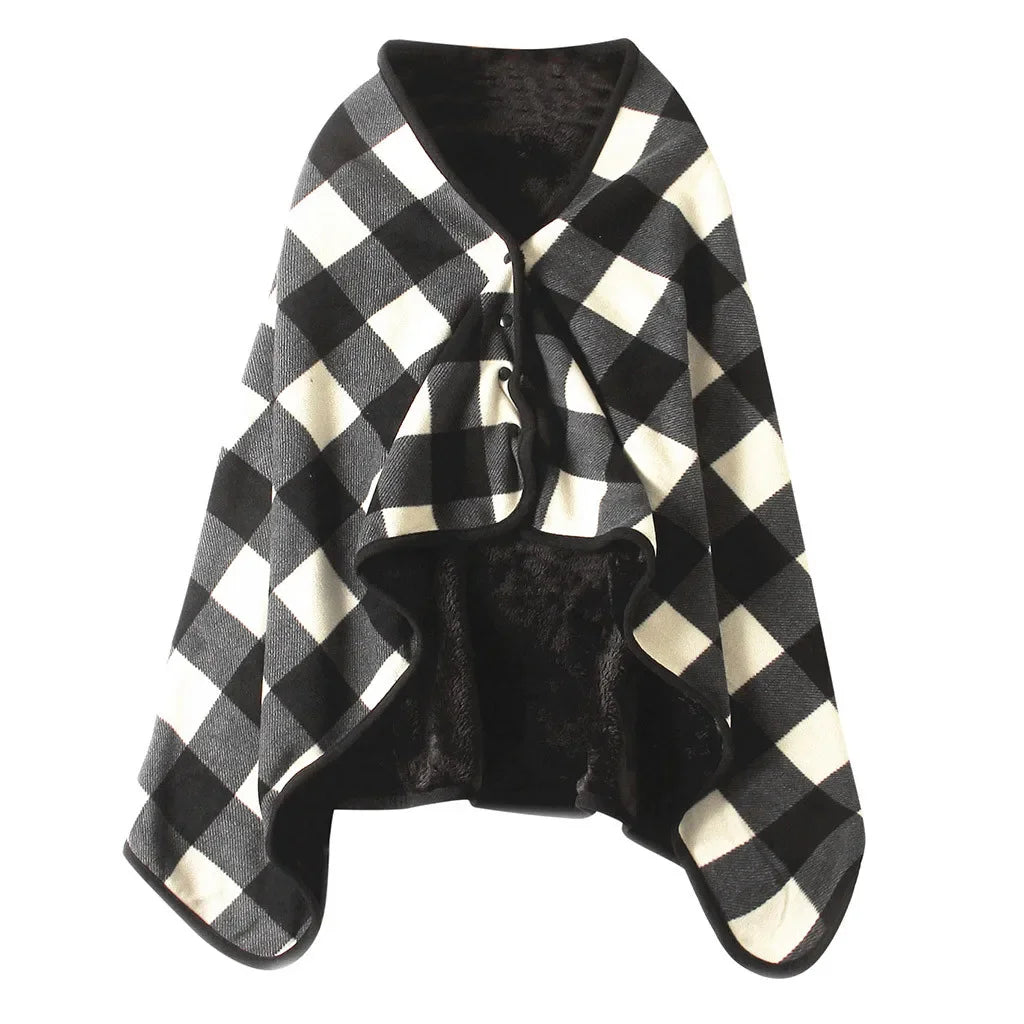 Plaid châle à boutons, carreaux noir et blanc, intérieur pelucheux noir