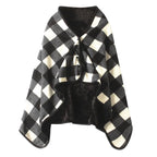 Plaid châle à boutons, carreaux noir et blanc, intérieur pelucheux noir