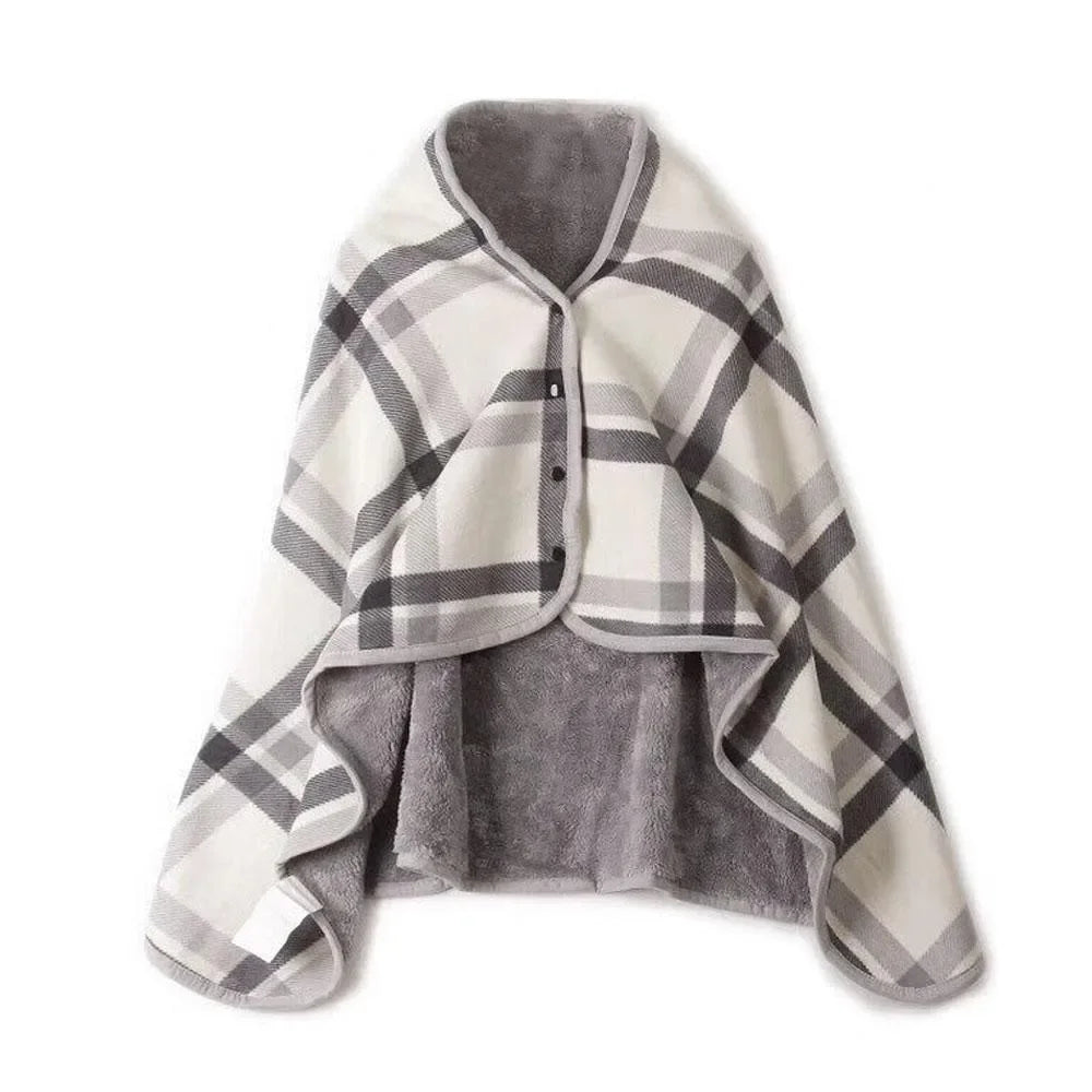 Plaid châle à boutons, carreaux gris, boutonné, intérieur pelucheux gris