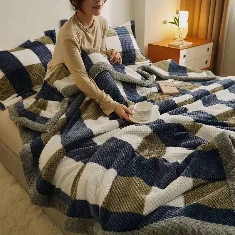 Plaid chenille grands carreaux bleus sur un lit