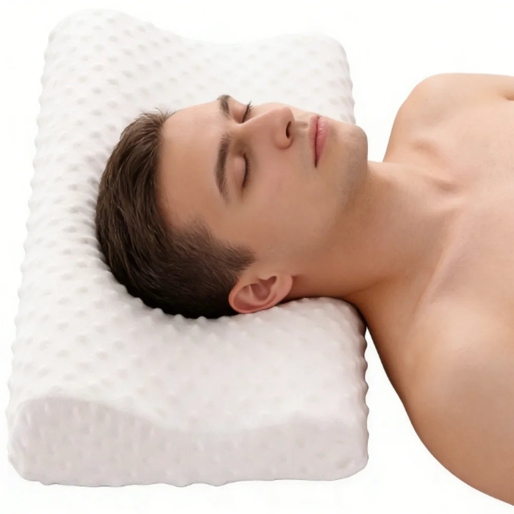 Oreiller ondulé à mémoire de forme vu de dessus, avec un dormeur
