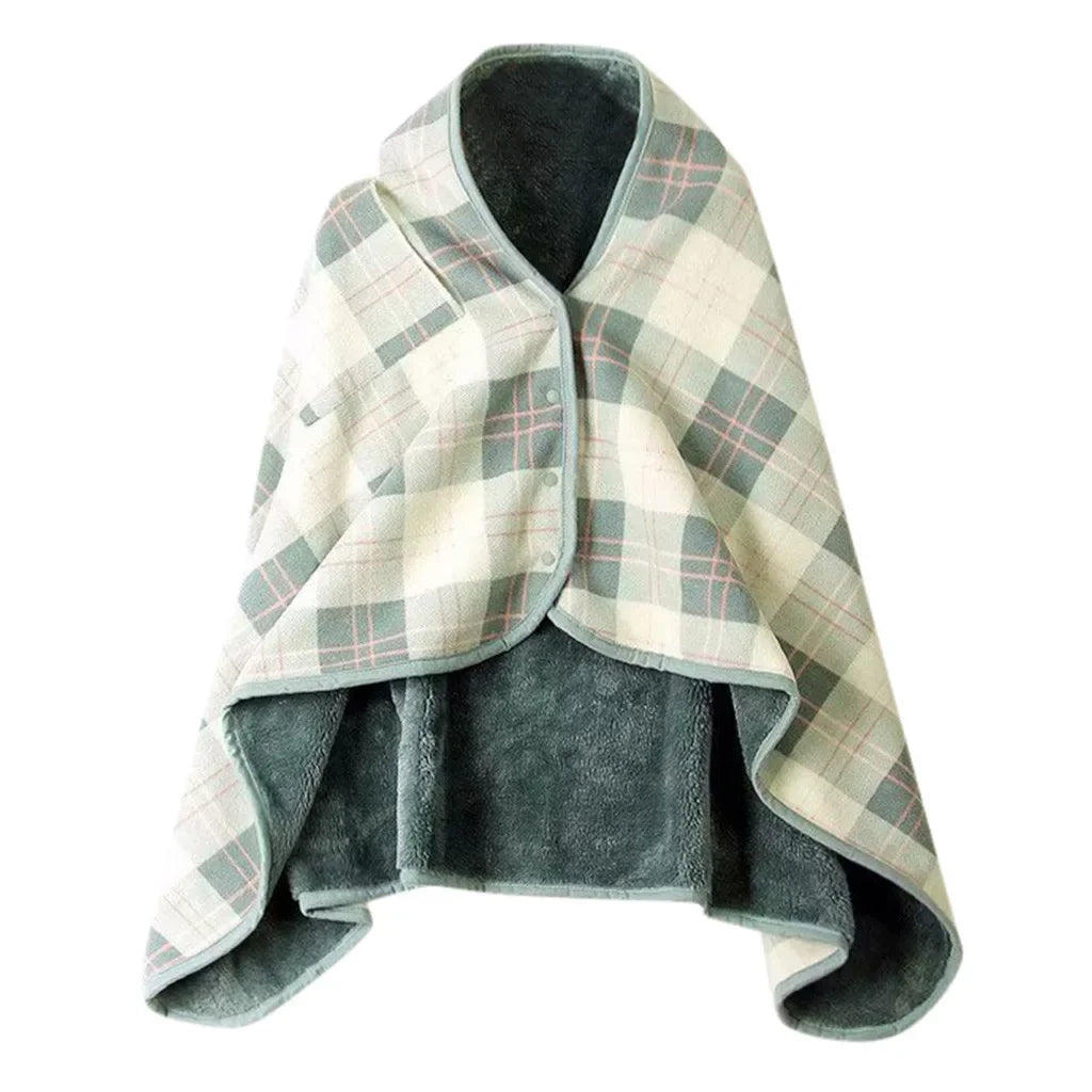 Plaid châle à boutons, carreaux vert sauge et crème, intérieur pelucheux