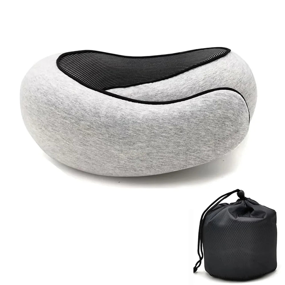 Oreiller de voyage en U gris clair et sa pochette