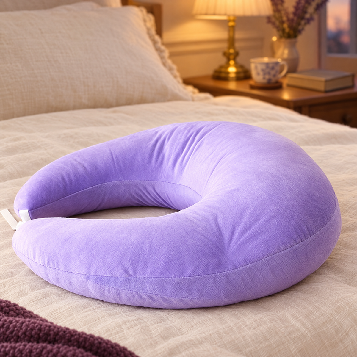 Coussin de lecture en C violet posé sur un lit dans une chambre cosy le soir